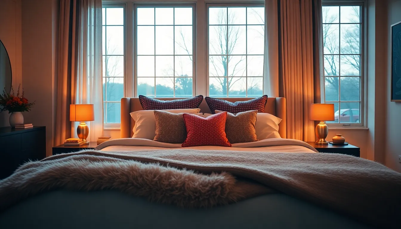 This captivating image reveals a stylish modern bedroom bathed in soft evening light. The plush bedding and textured throws create an inviting focal point, while the butterfly lighting enhances the tranquil ambiance. A cinematic teal and orange color grading adds warmth and depth to the scene, showcasing the thoughtfully curated design of the room.