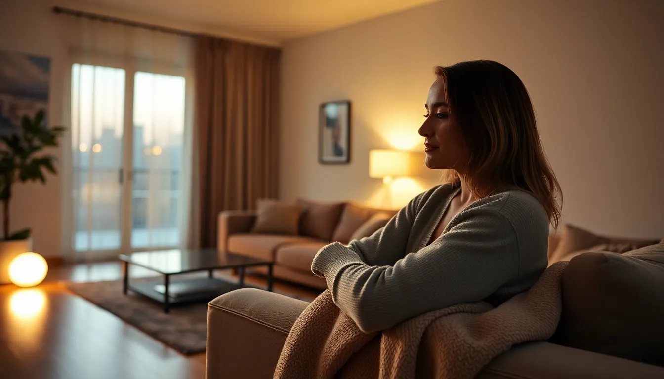 This photorealistic image captures a modern minimalist living room bathed in the warm glow of twilight. The space features sleek furniture, polished wooden floors, and soft textiles, creating a cozy yet elegant atmosphere. The warm color palette enhances the inviting feel, with hints of golden light filtering through large windows. The careful composition emphasizes both comfort and style, making it a perfect representation of contemporary living.