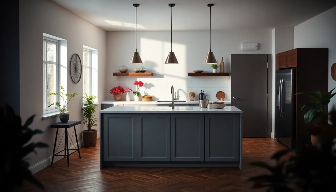 This striking image presents a stylish kitchen centered around a modern island, designed with sleek finishes and vibrant decor. The dramatic Rembrandt lighting adds depth, creating a warm and inviting ambiance. Natural elements such as potted plants infuse life into the scene, while the vibrant color palette captures the kitchen’s contemporary flair. The careful composition invites viewers to appreciate both the design and functionality of this luxurious space.