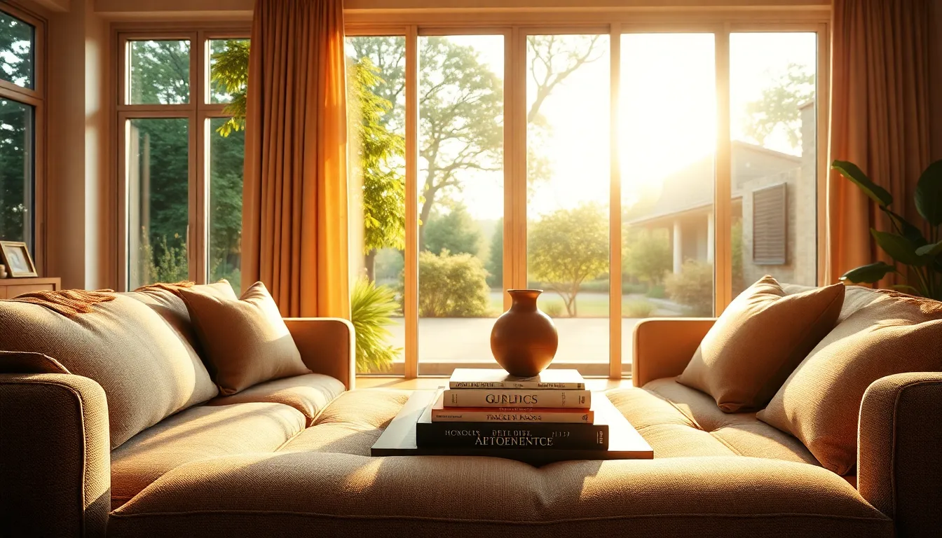 This image showcases a charming living room designed for comfort and style, featuring expansive windows that offer a glimpse of a vibrant garden outside. The golden light of the afternoon sun pours in, highlighting the soft textures of a linen sofa and an artfully arranged coffee table. Details like art books and a ceramic vase create a warm, inviting ambiance that beckons relaxation. The balanced composition draws the eye naturally across the room's elegant features.