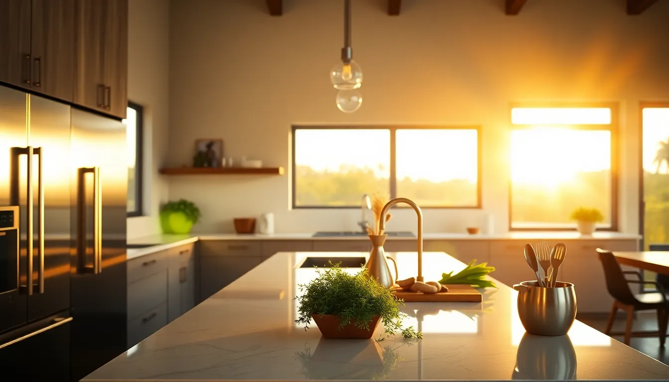 This image captures a stylish modern kitchen, illuminated by warm golden hour light. The sleek stainless steel appliances and minimalist design create a contemporary feel, while the inviting marble island serves as a focal point. Sunlight streaming through large windows adds warmth, highlighting the fresh herbs and kitchen tools on display. The composition invites viewers into a space where functionality meets elegance.