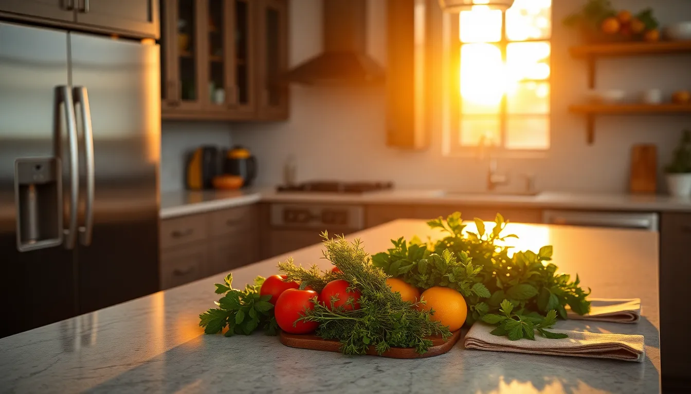This image captures a vibrant contemporary kitchen illuminated by golden hour light, highlighting the sleek stainless steel appliances and inviting decor. Fresh herbs and vegetables create a homely feel, while the warm colors evoke a sense of comfort and creativity in cooking. The composition’s strong lines draw the viewer's eye through the space, making it perfect for culinary-inspired real estate showcases or lifestyle imagery.