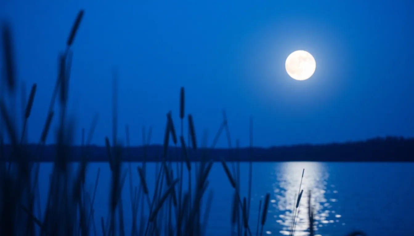 This stunning image captures a peaceful moonrise over a tranquil lake, showcasing the moon's reflection on the water. The cool twilight hues create a serene atmosphere, while the softly blurred foreground of reeds enhances the focus on the moon. With the moon positioned strategically in the frame, this image evokes a sense of calm and wonder. Ideal for any space-focused project or decor, the colors and composition harmonize beautifully.