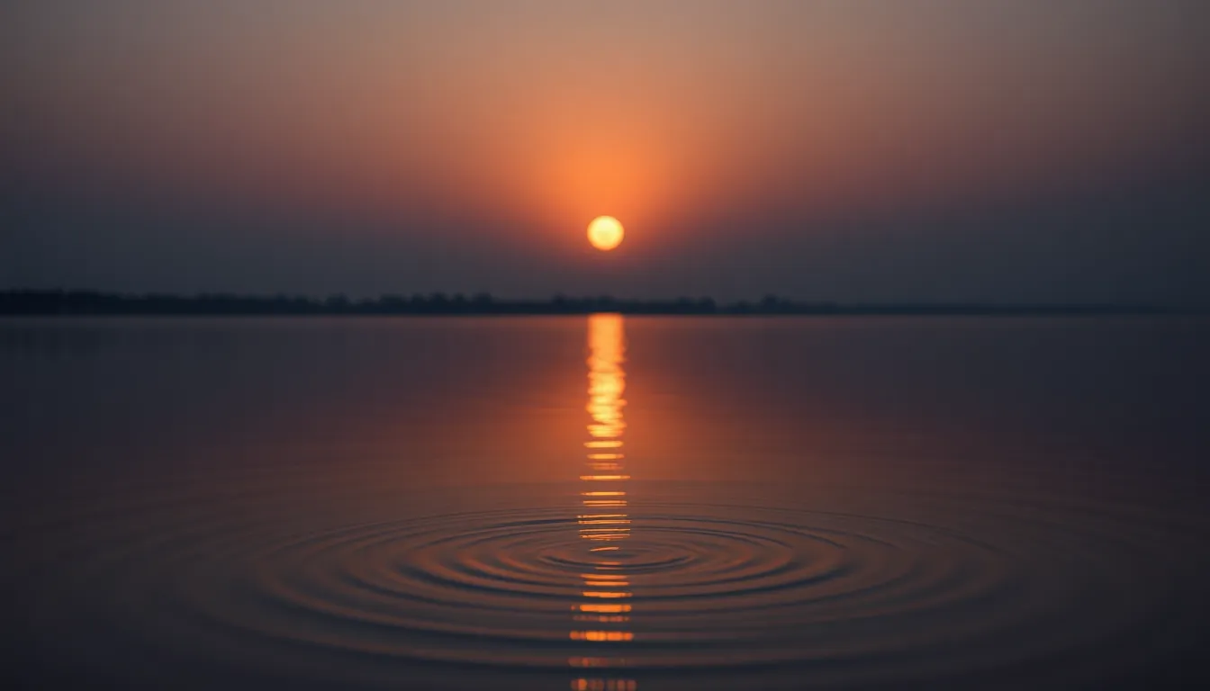 An enchanting photograph of the moon rising above a serene lake at dusk. The warm tones of the sunset beautifully reflect on the water's surface, while delicate ripples create a mesmerizing foreground. This tranquil scene captures the harmony between the moon and its reflection, immersing the viewer in a peaceful evening ambiance.
