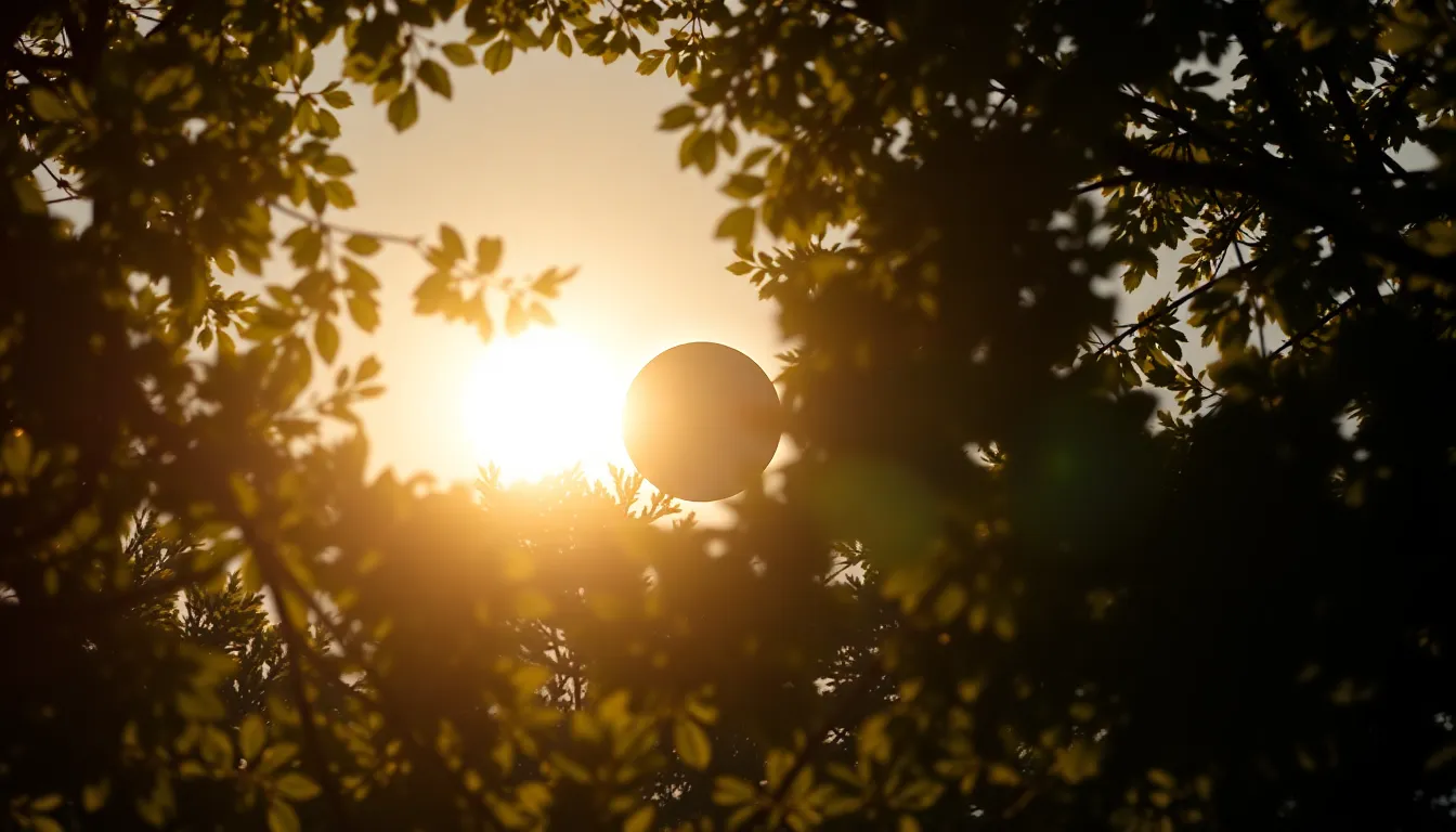 This breathtaking photograph captures a solar eclipse where the moon partially obscures the sun, creating a stunning halo effect. Warm natural light enhances the beauty of the moment, with dappled sunlight filtering through tree leaves in the foreground. The saturated colors emphasize the dramatic contrast between the dark moon and the bright sun. With tree branches leading the viewer's gaze, the image encapsulates the wonder of celestial events.
