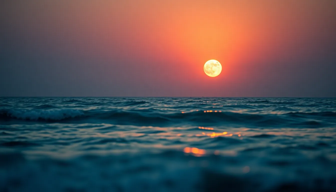 This captivating image captures a stunning moonrise over a calm ocean during the golden hour. The warm rim light highlights the gentle waves, creating a harmonious mood as the moon reflects off the water's surface. Soft fill light enhances the tranquil atmosphere while the shallow depth of field keeps the focus on the glowing moon. Adorned with a Kodak Portra 400 color palette, this image invites viewers to bask in the serene beauty of nature.