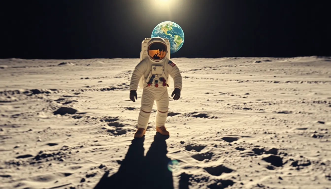 This awe-inspiring image captures an astronaut standing on the lunar surface, with Earth prominently visible in the background. The harsh sunlight creates striking contrasts and shadows that emphasize the textures of the astronaut's suit and the lunar dust. A hyperfocal depth ensures that both the astronaut and Earth are in sharp focus, highlighting the connection between these two celestial bodies. The composition's leading lines of footprints draw the viewer's attention, making this image a powerful representation of space exploration.