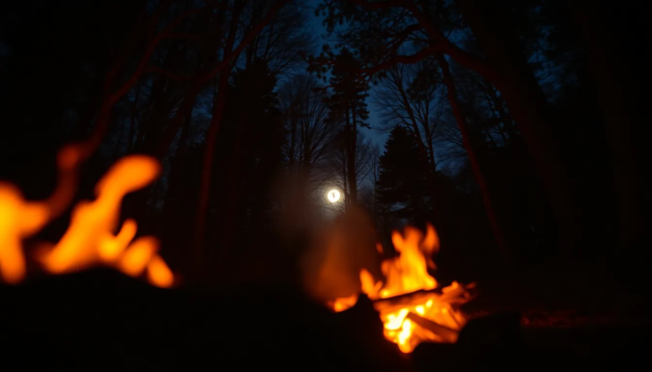 Campfire and Moonlit Forest