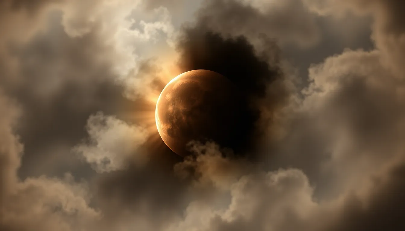 Lunar Eclipse Surrounded by Wispy Clouds