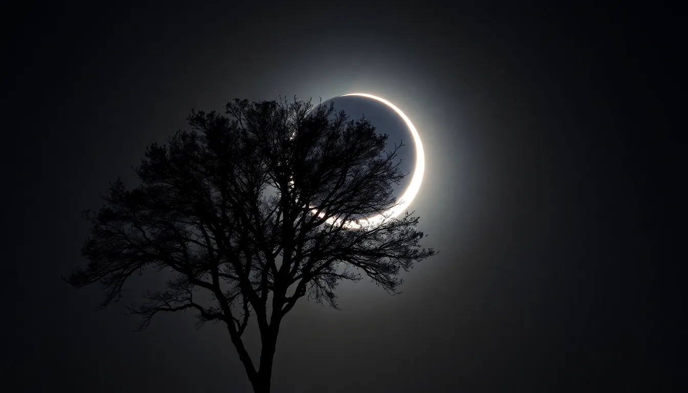 This striking image showcases a lone tree silhouette against a partially obscured moon during an eclipse. The backlit scene creates an eerie glow that highlights the contours of the tree and the unique celestial event. With a dramatic Dutch angle, the composition emphasizes the tension and beauty of this rare moment. The deep blacks and bright whites in the image enhance its visual impact, making it a captivating representation of nature and astronomy.