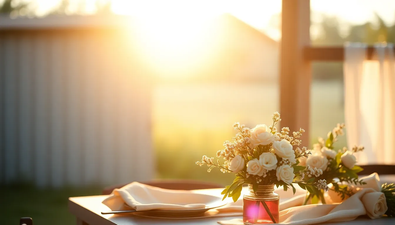A heartwarming scene of a mother and child sharing a joyful moment on Mother's Day. Bathed in warm golden hour light, the pair are seated at a rustic table adorned with soft linens and delicate floral arrangements. The mother's warm smile and the child's laughter radiate love and connection. The shallow depth of field blurs the background softly, enhancing the emotional warmth of the scene.