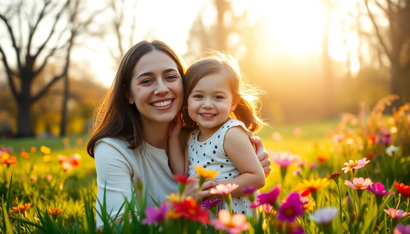 Joyful Mother and Daughter in Blooming Park