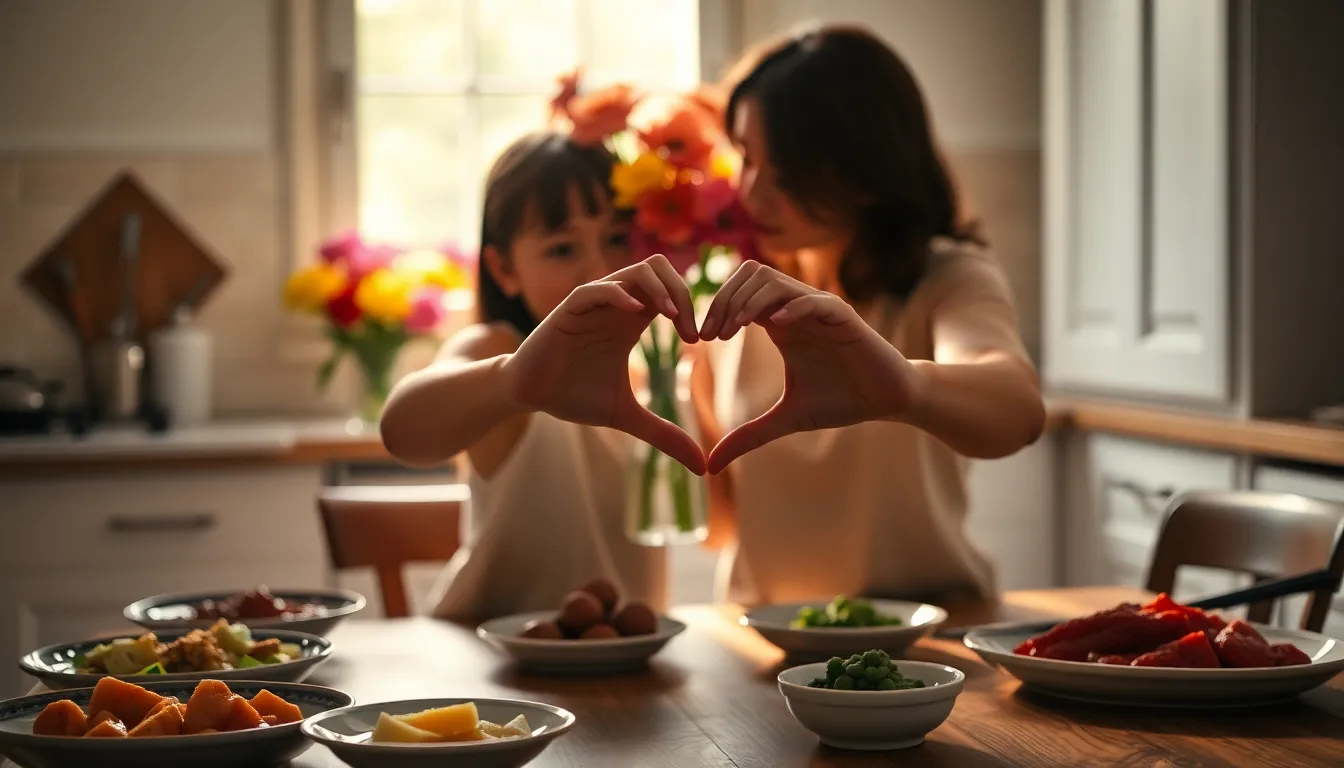 This heartwarming image captures a mother and child joyfully creating a heart shape with their hands, symbolizing love and connection on Mother's Day. The soft light filtering through the kitchen window enhances the warm atmosphere, while the vibrant colors of fresh flowers and the rustic wooden texture add depth to the scene. Plates of delicious home-cooked meals are tastefully arranged, creating a cozy and inviting setting that celebrates family togetherness.