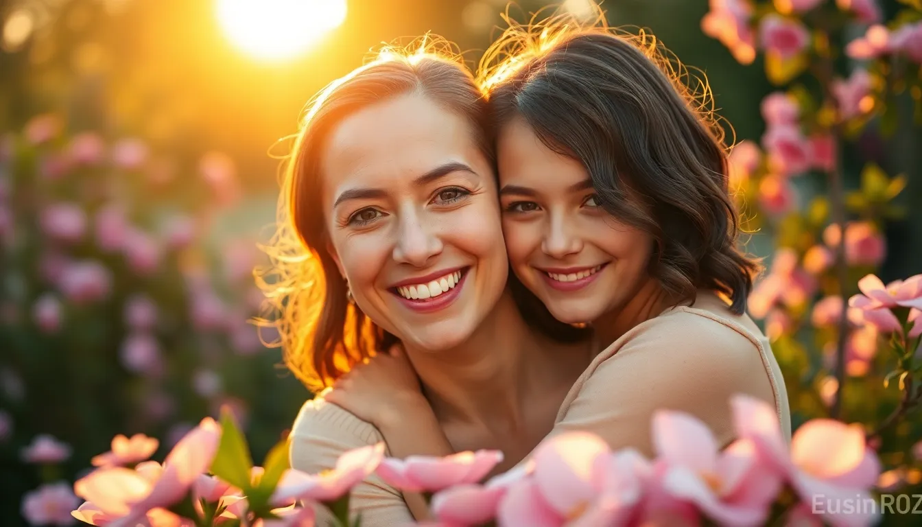 This touching scene captures a mother and daughter embracing in a blooming garden during golden hour. The warm sunlight creates a beautiful rim light around them, highlighting their joyful expressions and the vibrant colors of the flowers surrounding them. The soft focus in the background emphasizes their bond, while the lovely textures of the petals and leaves enhance the overall warmth and intimacy of the moment.