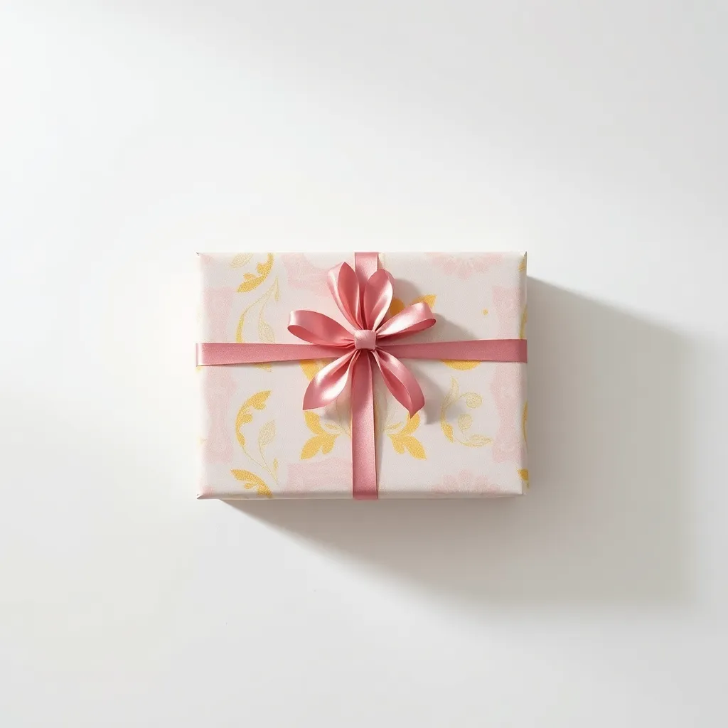A beautifully wrapped gift for Mother's Day takes center stage on a pristine white surface, illuminated by soft overhead light. The elegant pastel colors and gold accents of the wrapping create a sense of luxury. Intricate details of the texture and patterns are visible, making this a stunning visual tribute to the thoughtfulness involved in celebrating mothers.