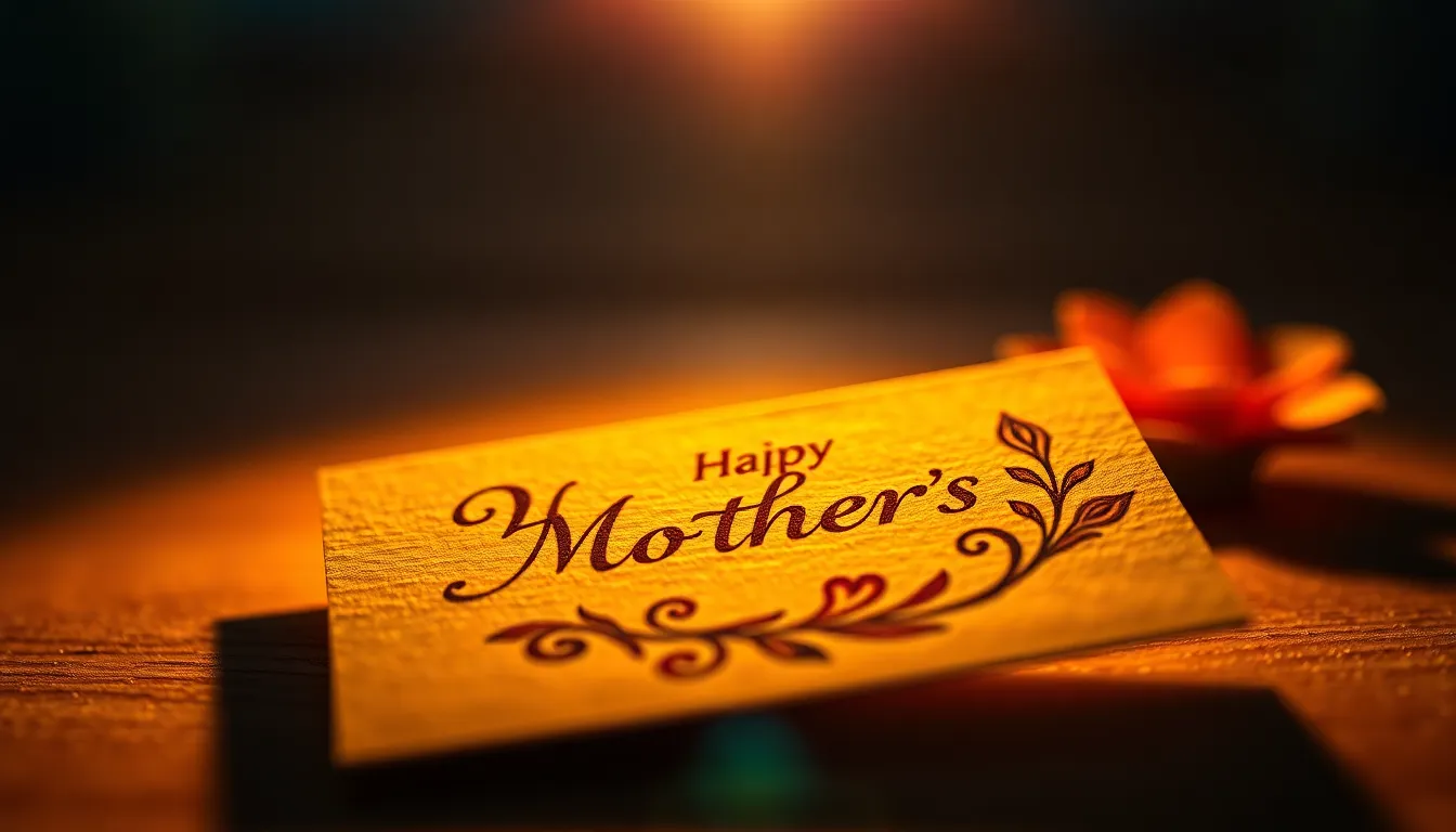 This close-up image showcases a beautifully crafted handmade Mother's Day card, resting on textured paper that highlights its intricate design. The butterfly lighting accentuates the card's details and vibrant colors, creating an inviting and warm feeling. The rich hues inspired by Fujifilm Velvia bring depth to the card, while the shallow depth of field delicately blurs the background, allowing the artwork to shine. This image embodies the thoughtful spirit of Mother's Day.