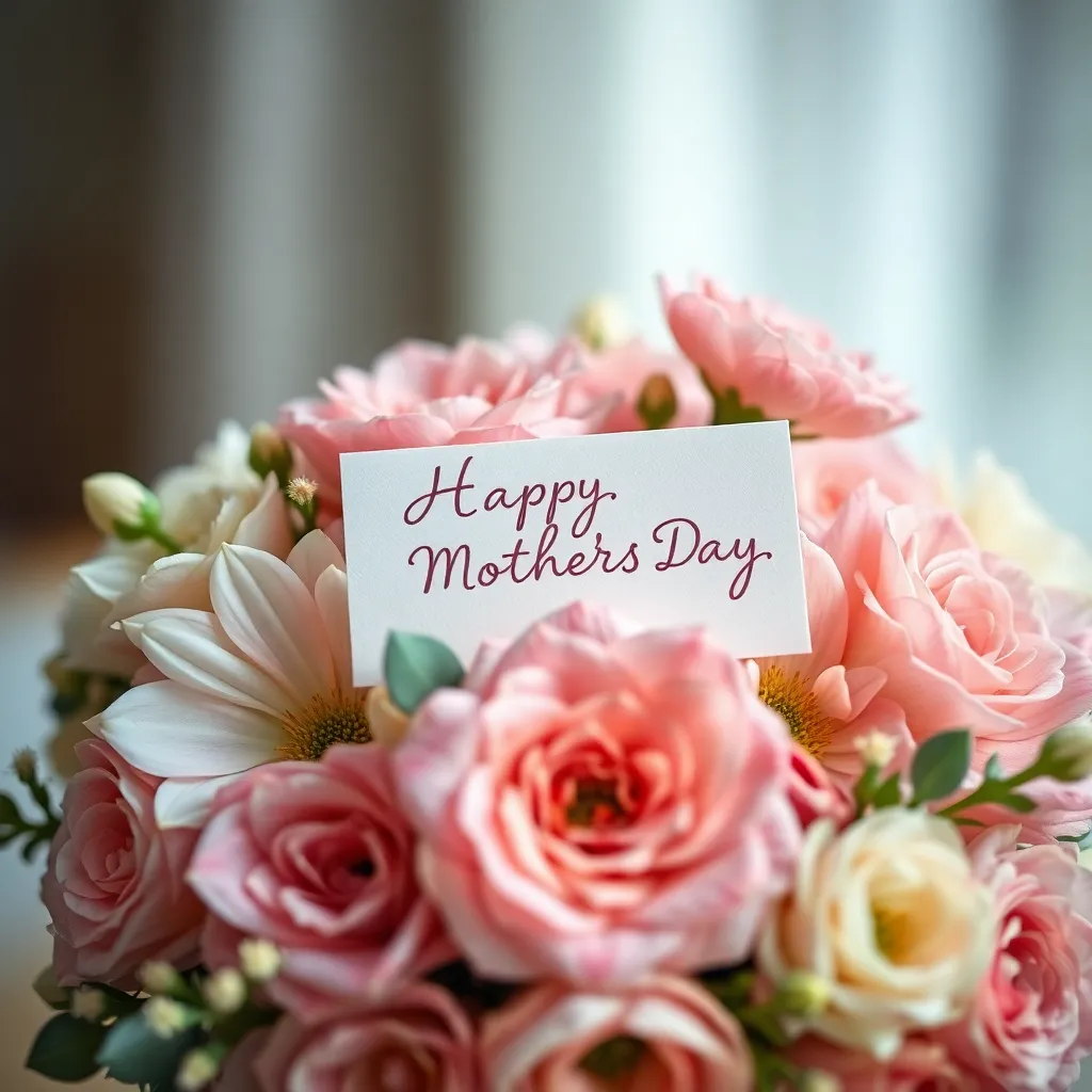 This exquisite still life features a beautifully arranged bouquet of pastel flowers complemented by a handwritten card, perfect for celebrating Mother's Day. The soft natural light highlights the delicate textures of each petal, creating an inviting atmosphere. The shallow depth of field draws attention to the bouquet while the elegant bokeh provides a serene backdrop, making this image an ideal representation of love and appreciation.
