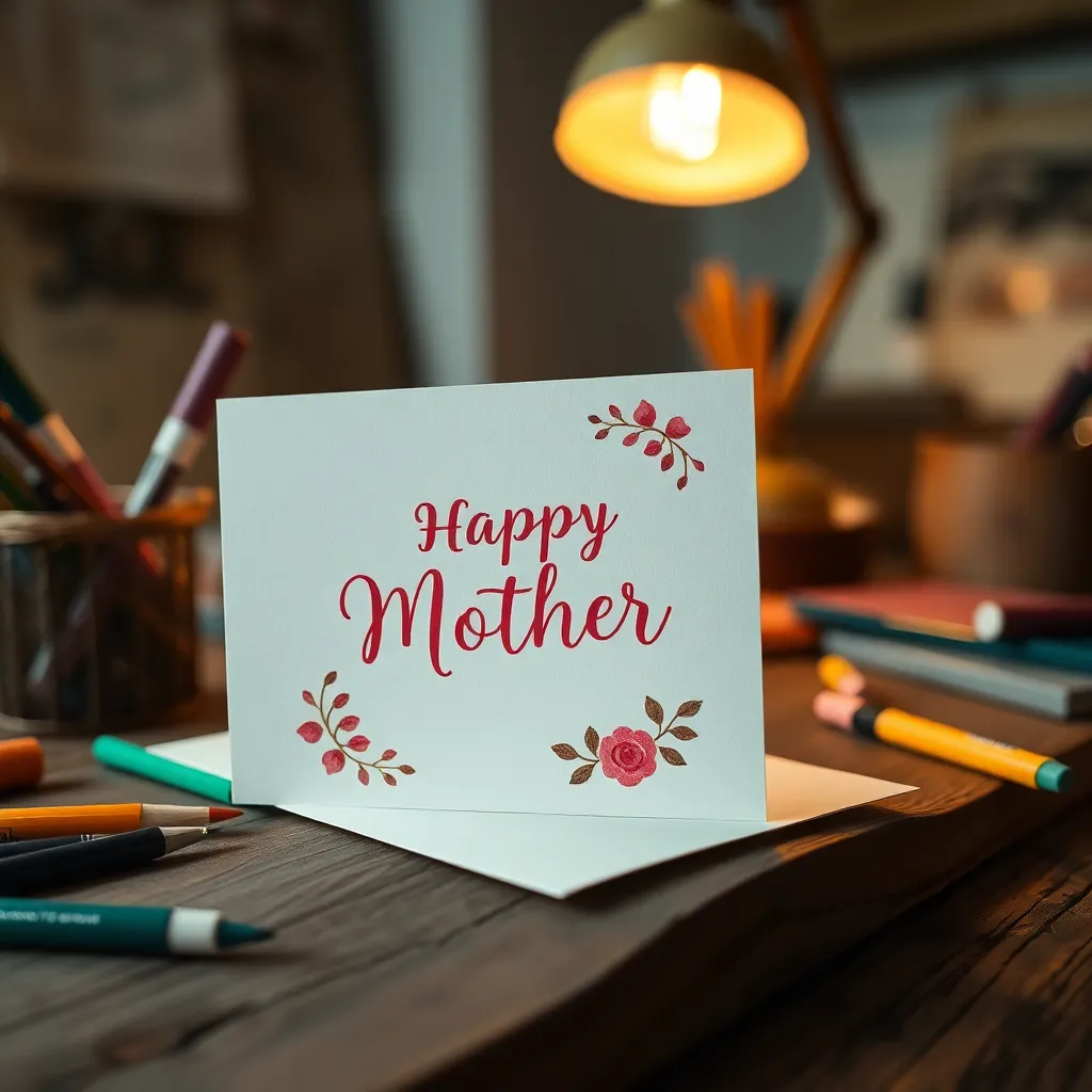 This captivating image focuses on a handmade Mother's Day card thoughtfully placed on a rustic wooden table, surrounded by art supplies that evoke a sense of creativity. The warm tones from the desk lamp set a cozy mood, perfect for crafting. The intricate details of the card are beautifully sharp, drawing the viewer's eye and symbolizing the love and effort put into creating a special gift for Mother's Day.
