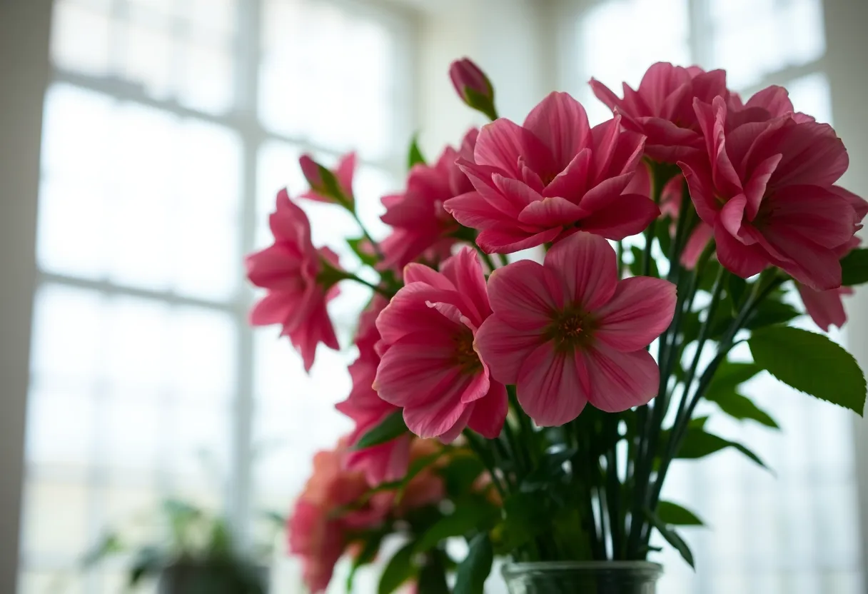 A stunning floral arrangement captured in vibrant detail, celebrating the beauty of Mother's Day. Shot with a macro lens, the saturated colors of deep pinks and rich greens pop against a softly blurred background. The overcast daylight filtering through large windows creates a natural ambiance, while the foreground framing emphasizes the artistry of the bouquet. This image conveys the elegance and joy flowers bring to this special occasion.