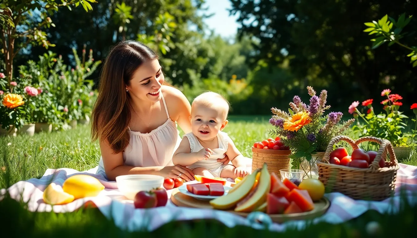A heartwarming scene of a mother and her toddler enjoying a delightful picnic in a sun-drenched garden. Surrounded by vibrant fruits and a pastel picnic blanket, the warm natural light enhances the joyful atmosphere. Both subjects are in perfect focus, showcasing their interaction amidst the lush greenery. This image captures a beautiful moment of togetherness, ideal for celebrating Mother's Day.
