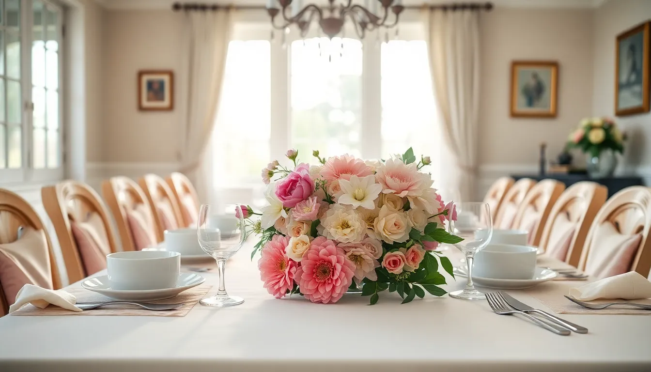 This stunning image presents an elegant Mother's Day brunch table setting, adorned with delicately arranged pastel linens and exquisite china. The soft natural light enhances the festive mood as it floods the dining room. The exquisite details of the food and floral centerpiece are sharply rendered, inviting the viewer to experience the warmth and celebration of this special day.