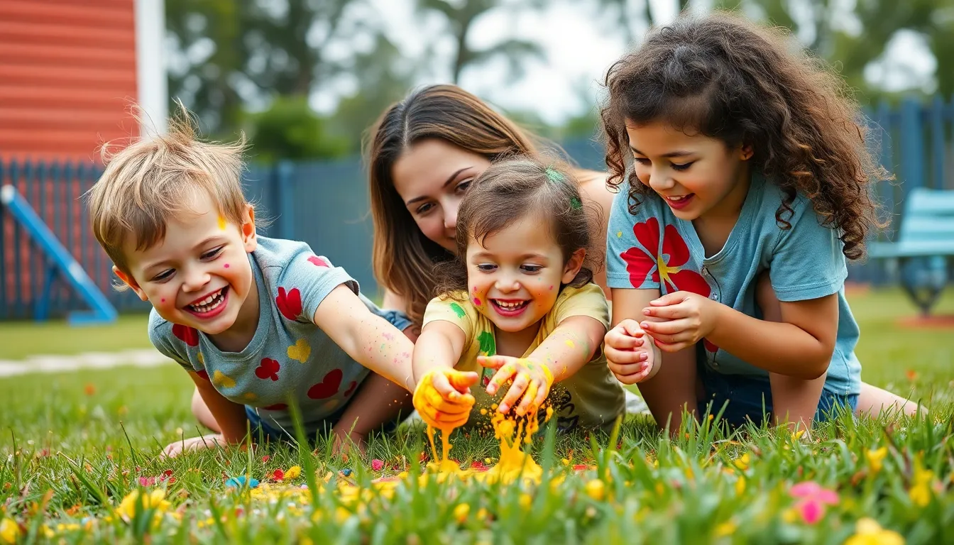 This joyful image captures a mother and her children engaged in a colorful outdoor art activity, splattered with bright paints. The soft, diffused lighting from the overcast sky enhances the cheerful scene, while the dynamic angle showcases the playful interactions among the family. The vibrant colors of the paints and the textured grass add a lively touch to the overall composition, celebrating the creativity and connection shared on Mother's Day.
