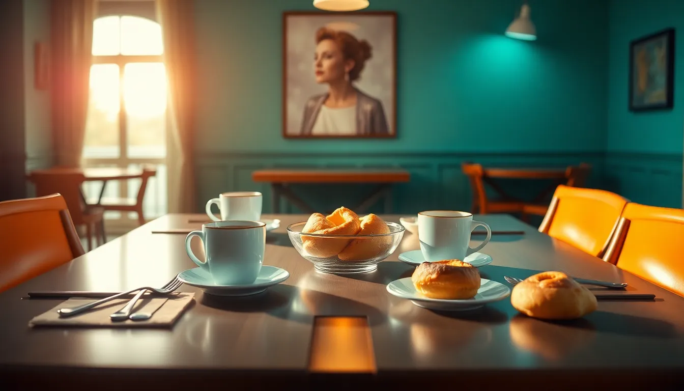 An exquisite breakfast setup for Mother's Day, featuring an array of fresh pastries and a steaming cup of coffee on a vintage-style table. The Rembrandt lighting creates a warm and inviting atmosphere, highlighting the details in the pastries and the soft sheen of the stainless-steel coffee pot. The cinematic color grading enhances the richness of the scene, while the symmetrical composition provides a sense of balance, perfect for celebrating a special morning.