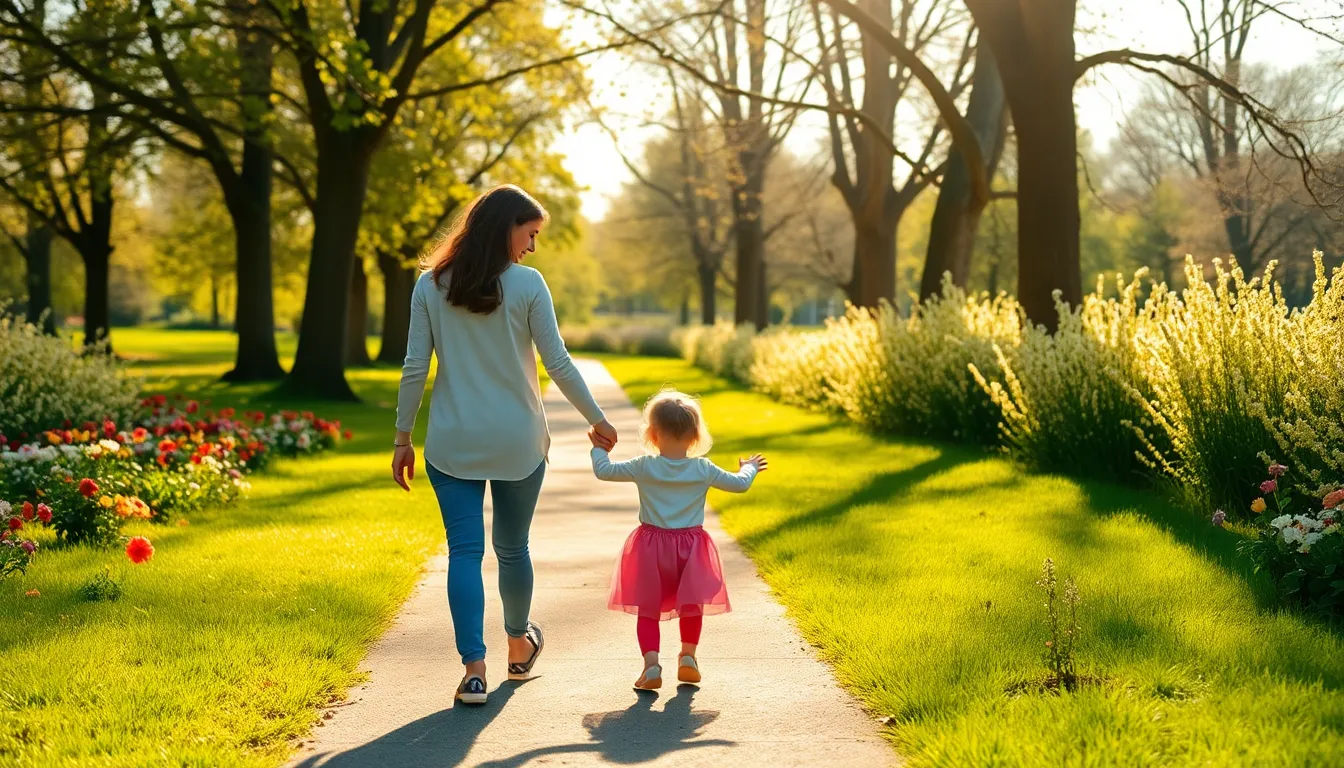 This lively image captures a mother and her child joyfully walking hand-in-hand through a sun-drenched park full of blooming flowers. The dappled sunlight filtering through the trees creates a magical atmosphere, while the vibrant colors of spring evoke feelings of happiness and renewal. The composition utilizes leading lines to guide the viewer's eye toward the duo, showcasing their bond in a delightful moment that perfectly celebrates Mother's Day.