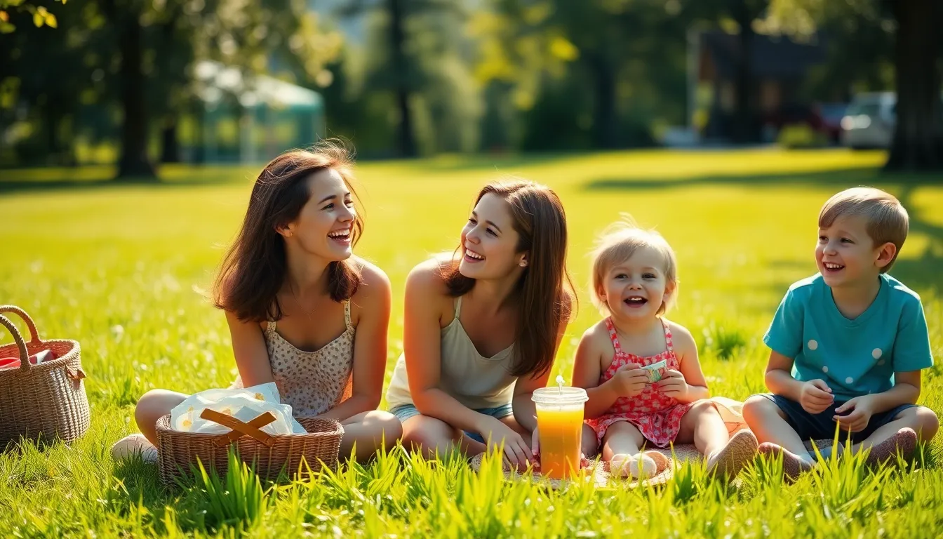 A lively scene of a family enjoying a sunny Mother's Day picnic, where a mother shares laughter and fun with her children on a vibrant green lawn. The sun-drenched setting captures the essence of joy, warmth, and togetherness. Vivid colors from picnic items and the children's outfits enhance the cheerful mood, making it an unforgettable moment of celebration.