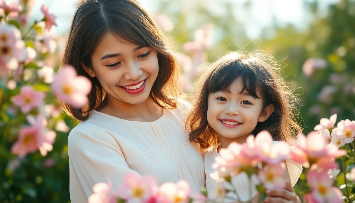 In this serene garden scene, a mother and her daughter share a joyful moment amid vibrant blooms. The soft afternoon light illuminates their faces, creating a heartwarming atmosphere. The composition captures the essence of love and connection, framed beautifully by colorful flowers in an array of soft pastels. This image embodies the warmth of motherly affection, making it perfect for Mother's Day themes.