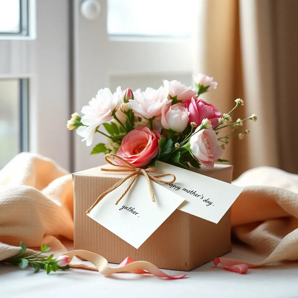 This elegantly composed image features a beautifully wrapped Mother's Day gift alongside a bouquet of fresh flowers and heartfelt handwritten cards. Soft, diffused daylight creates a serene and inviting ambiance, enhancing the cozy, heartfelt theme of the scene. The detailed textures of the wrapping paper and flowers contrast beautifully, while the muted pastel color palette adds warmth and sophistication, making this image perfect for capturing the spirit of Mother's Day gifting.