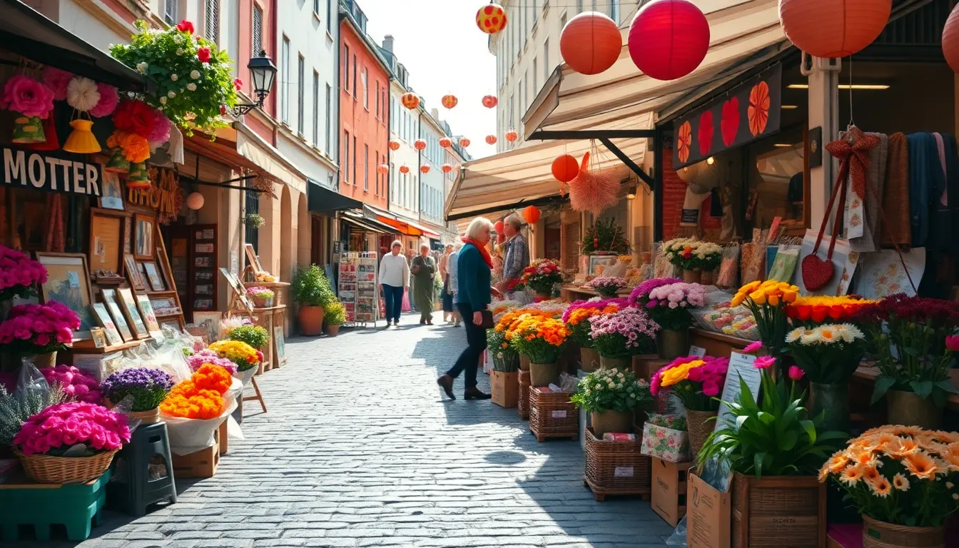 This lively street scene captures the festive atmosphere of a Mother's Day market, filled with fresh flowers and handcrafted gifts. Bright sunlight illuminates the colorful stalls, while vibrant hues of pinks and oranges create an inviting and cheerful environment. The composition enhances the sense of community as shoppers explore, elegantly leading the viewer's eye through the bustling marketplace. This image perfectly encapsulates the joy and spirit of celebrating Mother's Day.