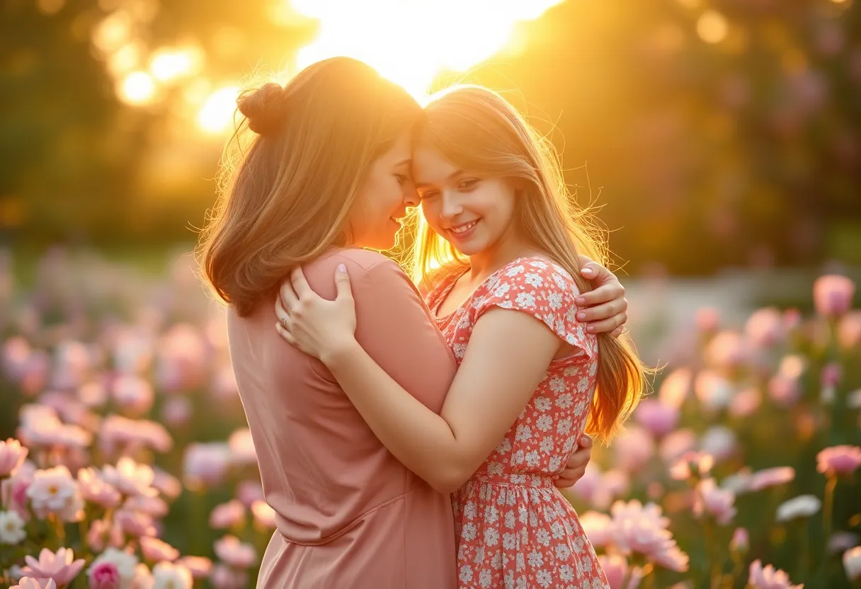 This enchanting image captures the tender moment of a mother and daughter embracing amidst a vibrant blooming garden during the golden hour. The warm backlight bathes them in a soft glow, enhancing the emotional connection between them. With the beautifully blurred garden in the background, the image conveys a sense of love and celebration, perfectly encapsulating the spirit of Mother's Day with its warm tones and soft pastels.
