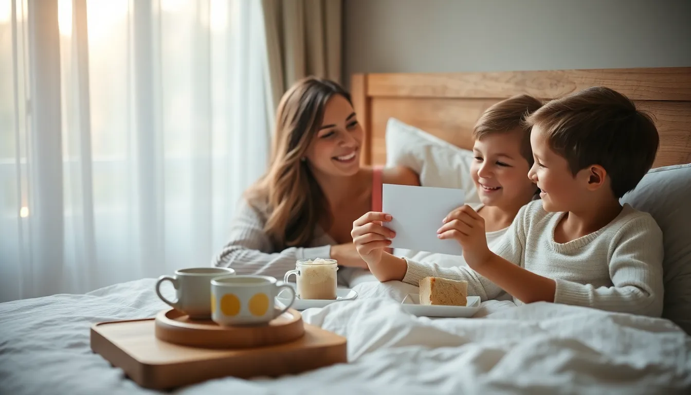 This intimate image showcases a mother enjoying a heartfelt breakfast in bed with her children. Soft morning light bathes the scene, enhancing the warmth of the natural wood and the gentle colors of the homemade card and breakfast spread. The delighted expressions of the children as they present their surprise add a layer of joy, while the textured bedding and linens create a cozy, inviting scene perfect for celebrating Mother's Day.