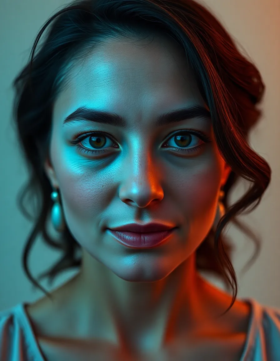 An elegant portrait of a mother showcasing her grace and strength. Captured in a studio with a soft lighting setup, her soft expressions and natural skin texture draw attention. The cinematic teal and orange grading adds a modern touch, while the centered composition highlights her gentle demeanor. The image radiates warmth and beauty, perfect for celebrating Mother's Day.