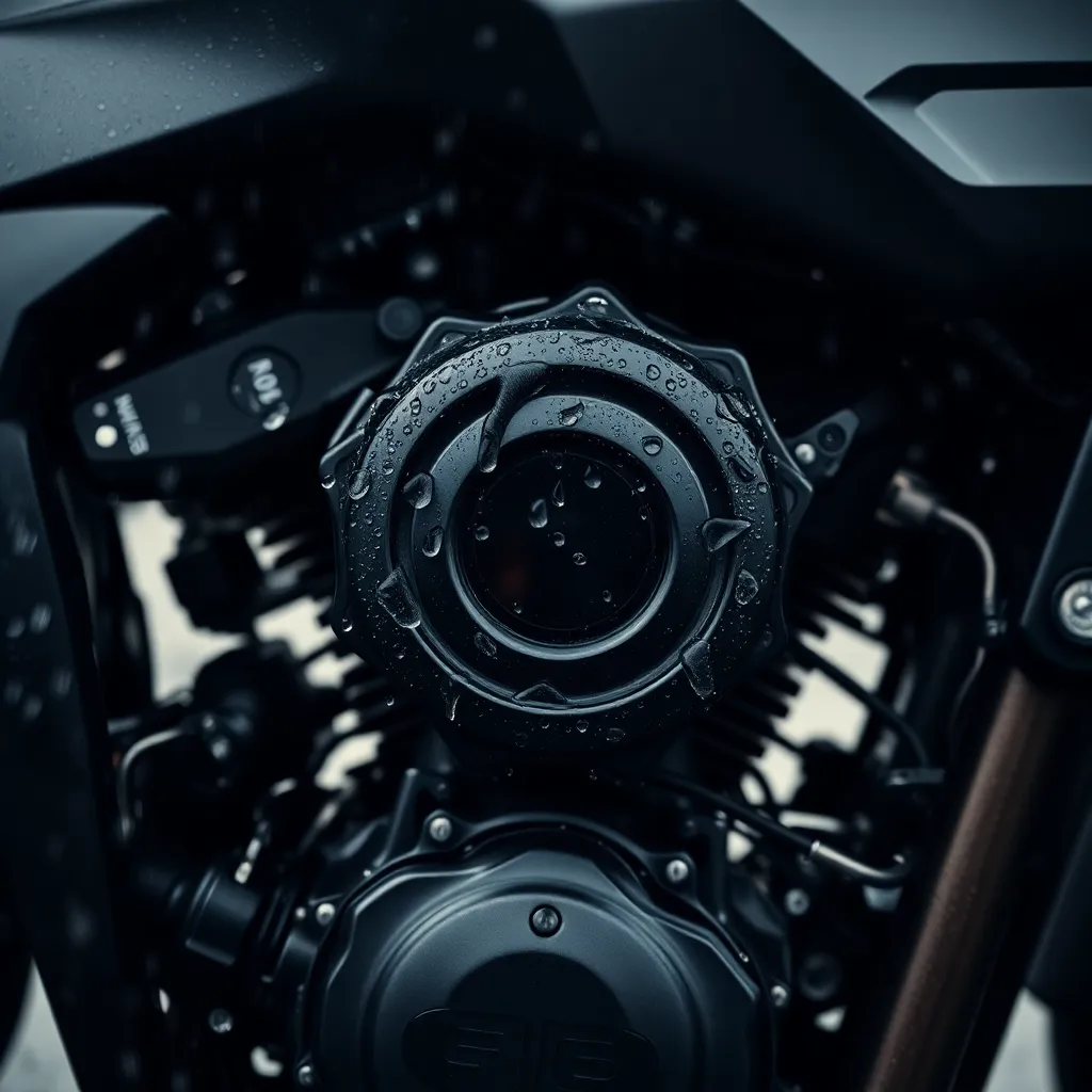An intimate close-up of a motorcycle's engine reveals the intricate engineering and craftsmanship, glistening with raindrops that catch the light. Diffused daylight enhances the metallic textures and highlights the design's complexity. The image showcases the beauty of mechanical elements, celebrating the artistry found in motorcycle construction. This photograph encapsulates the essence of adventure, ready for the open road.