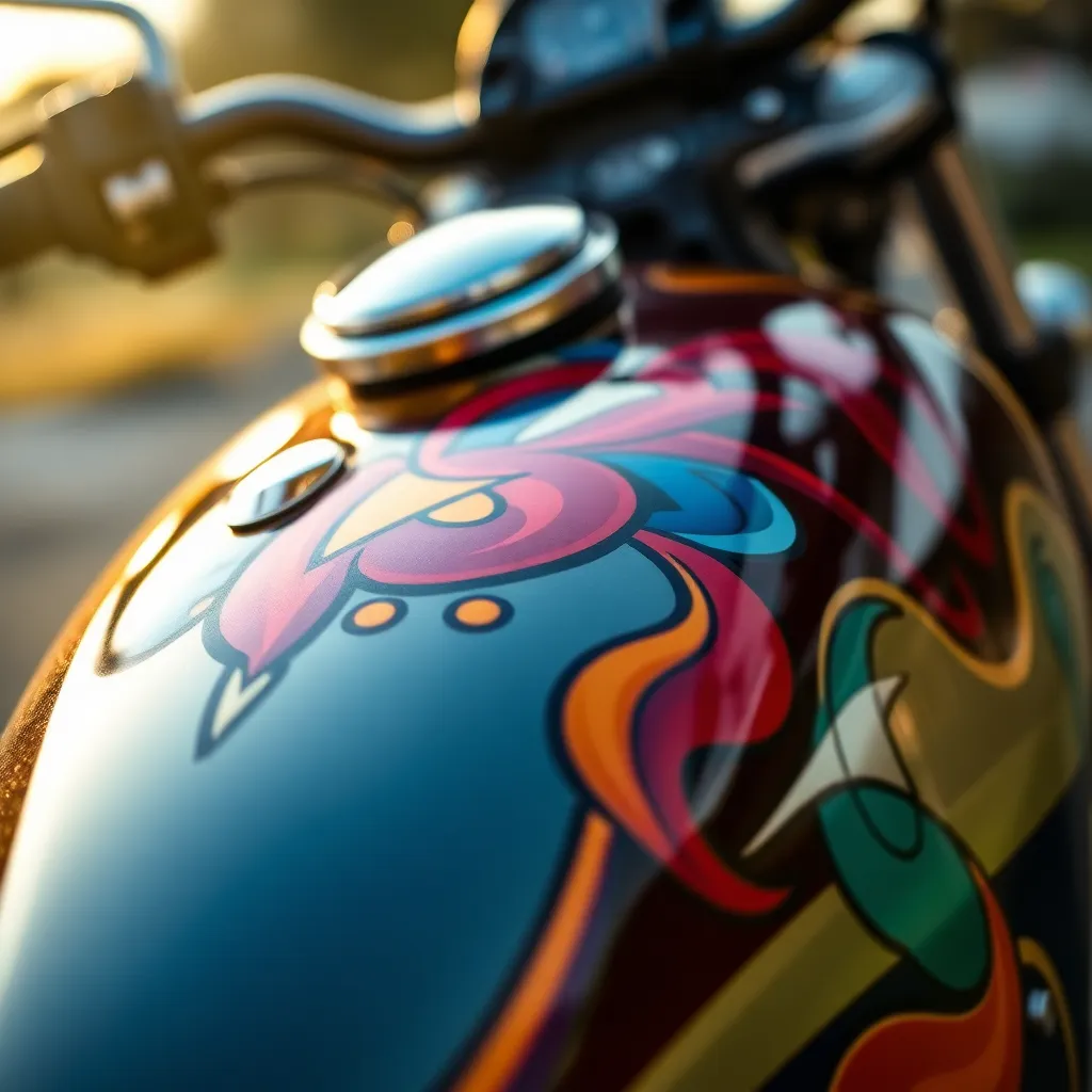This striking close-up photograph captures a motorcycle's fuel tank adorned with a stunning custom paint job. Shot in soft afternoon light, the intricate details of the artwork shimmer with a warm glow. The shallow depth of field isolates the tank, enhancing the rich color palette of reds, blues, and yellows while beautifully blurring the background. This image exemplifies craftsmanship and creativity, making it ideal for automotive art and custom motorcycle enthusiasts.