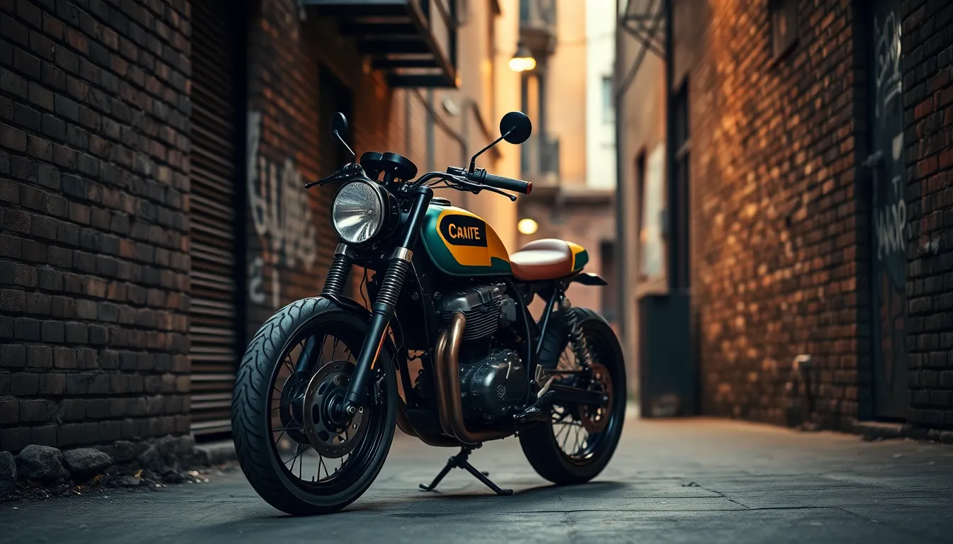 This powerful image showcases a custom cafe racer motorcycle parked in a gritty urban alley. The ambient street lights create a moody and atmospheric scene, emphasizing the character of the bike. With soft shadows and a shallow depth of field, the background fades into a blend of weathered brick and concrete, bringing attention to the motorcycle's unique details. The overall muted color palette recalls a vintage vibe, appealing to motorcycle enthusiasts.