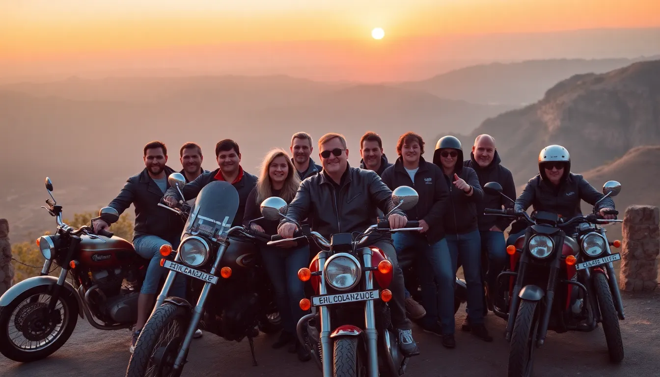 This vibrant photograph depicts a diverse group of motorcyclists gathered at a scenic overlook, illuminated by the warm glow of sunset. Their camaraderie is palpable as the golden hues from the setting sun highlight their leather jackets and the gleaming chrome of their bikes. Positioned in a semi-circle, the composition draws the viewer in, offering a sense of community and adventure. The rich oranges and deep purples of the sky complete this perfect moment for motorcycle culture and lifestyle.