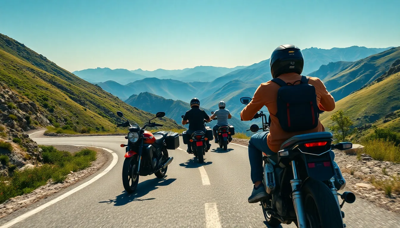 This vibrant image depicts a group of motorcyclists navigating a scenic mountain road. The lush greenery and clear blue sky create an exhilarating backdrop, capturing the spirit of adventure. Shot with a macro lens, the details of the motorcycles and riders are sharp and inviting, while the expansive mountains in the background evoke a sense of exploration. The composition follows the rule of thirds, enhancing the dynamic quality of the scene.