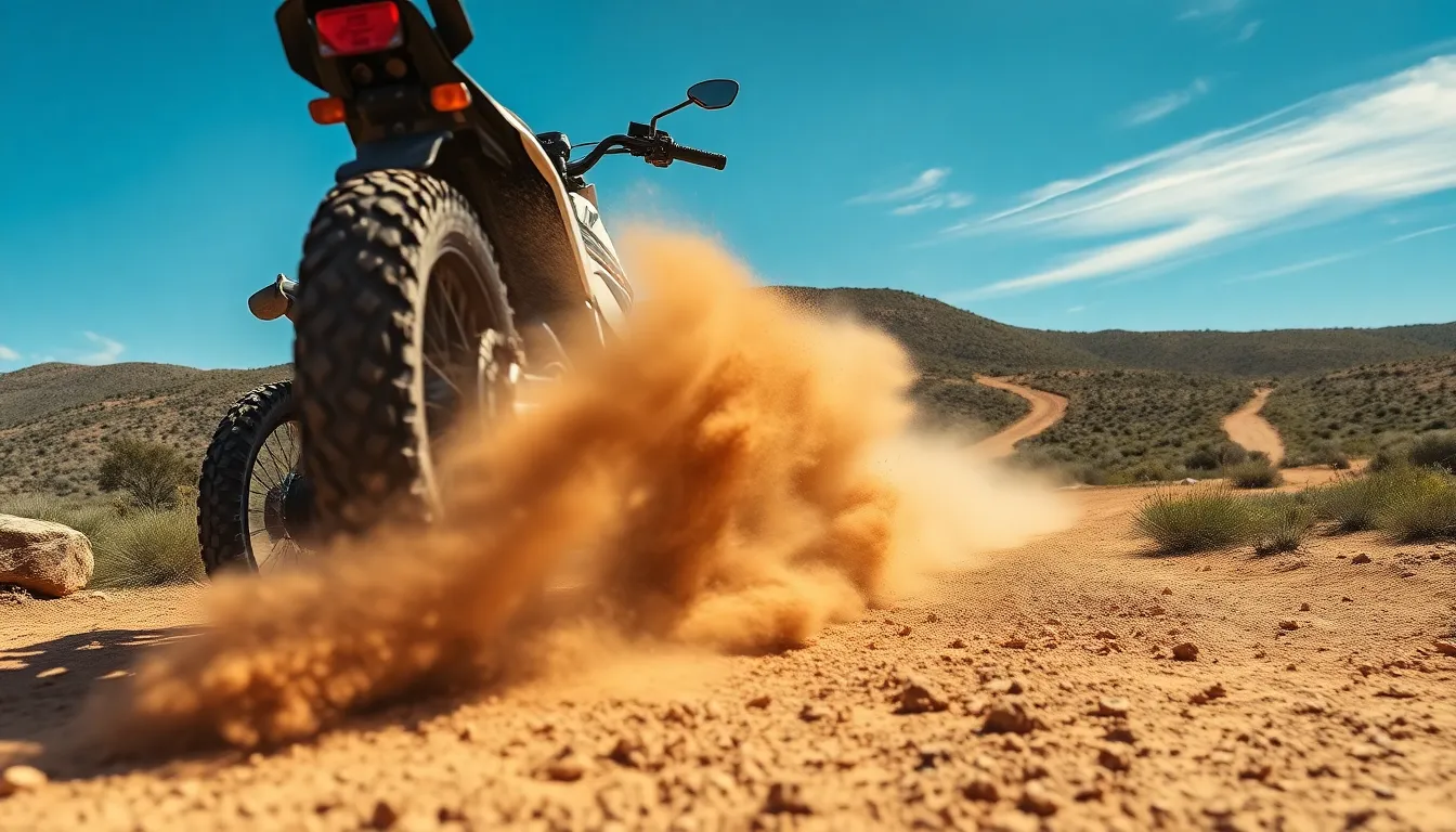 This action-packed image features an off-road motorcycle fiercely kicking up dirt as it navigates a rugged trail under a bright blue sky. The powerful presence of the bike is captured in sharp focus, with a vibrant display of earthy browns and greens in the background. The sunlight enhances the scene, illuminating the dust clouds as they swirl around the tire, creating a sense of speed and adventure. This dynamic composition is ideal for showcasing the thrill of outdoor motorcycle experiences.