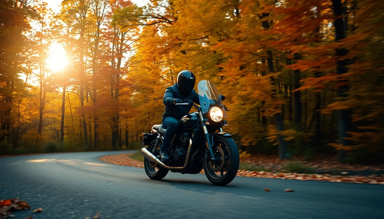 A motorcycle glides gracefully through a stunning autumn forest, where vibrant leaves create a kaleidoscope of colors. The late afternoon sun bathes the scene in warm light, illuminating both the rider and the majestic surroundings. The image captures a moment of tranquility and adventure, inviting viewers to experience the beauty of nature on two wheels. This photograph celebrates the joy of riding and the splendor of the fall landscape.