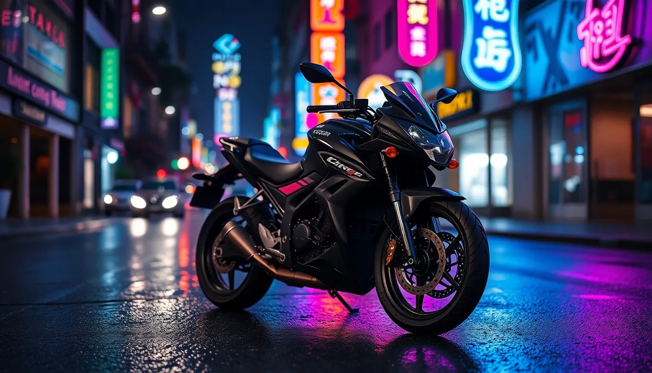 This photorealistic image showcases a sleek black motorcycle parked on a rain-soaked street, illuminated by vibrant neon lights reflecting off the pavement. The scene captures the lively atmosphere of the urban night, with the motorcycle sharply in focus and a painterly bokeh surrounding it. The deep blues and magentas create a captivating color palette, emphasizing the bike's design against the wet texture of the street. Perfect for transportation themes in editorial and advertising.