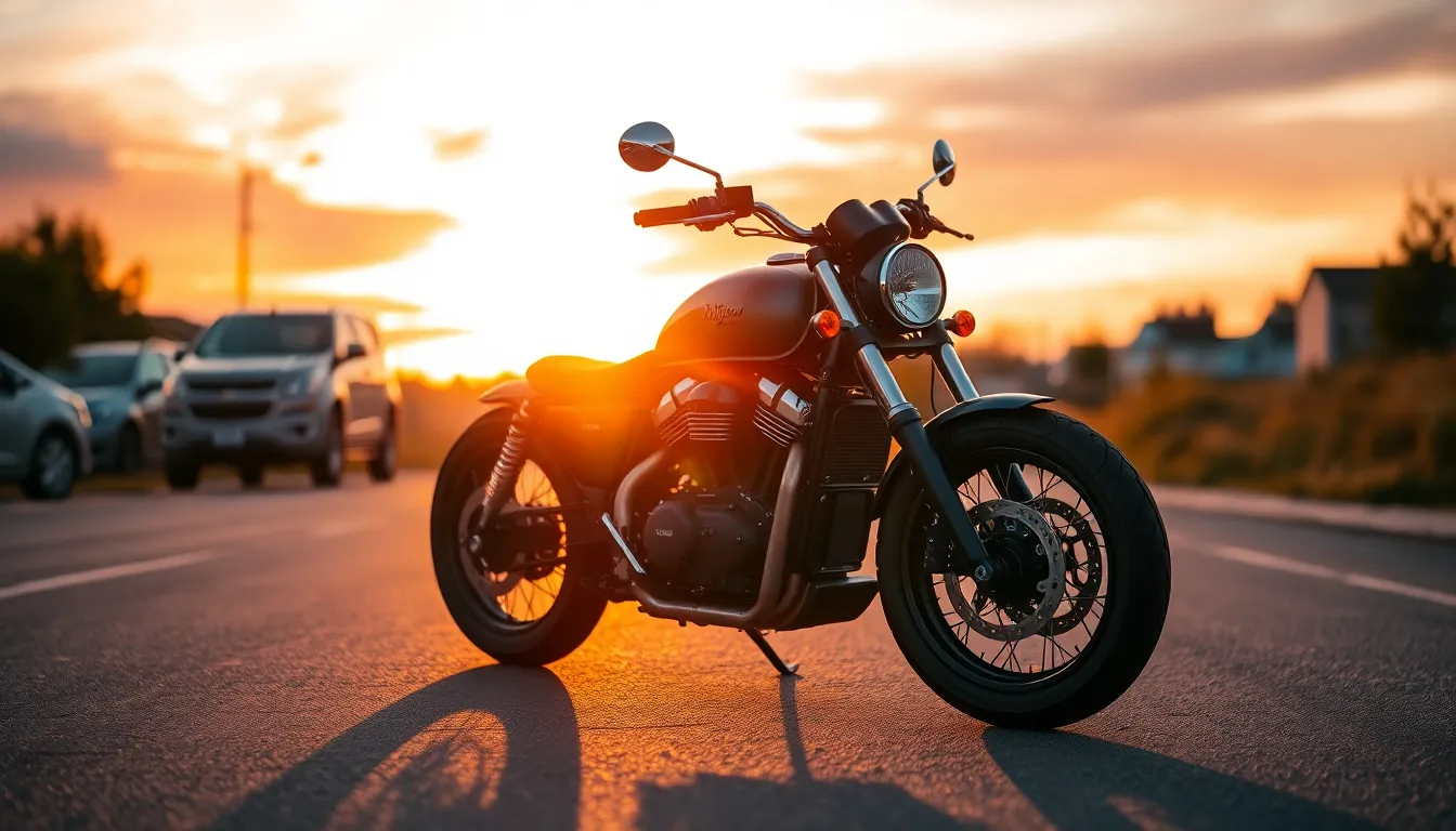 This captivating image features a sleek motorcycle silhouetted against a breathtaking sunset. The warm golden hues of the sky contrast beautifully with the bike's polished chrome and leather elements. Shot with a telephoto lens, it highlights the motorcycle's details while the road guides the viewer's eye. The evocative lighting and composition create a sense of adventure and freedom.