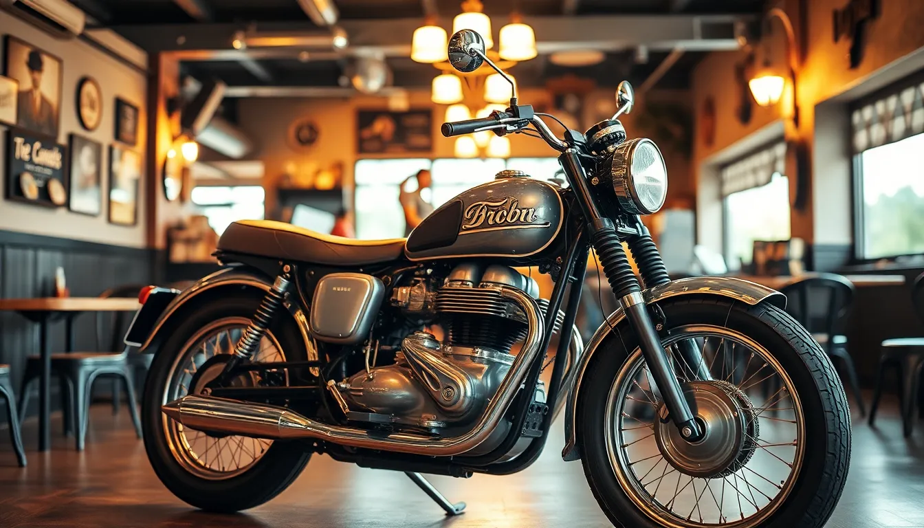 This enchanting image features a vintage motorcycle elegantly displayed in a retro-themed cafe. The warm tungsten lighting bathes the scene in a cozy glow, emphasizing the bike's classic charm and craftsmanship. The depth of field creates a dreamy backdrop with soft, blurred vintage decor, inviting viewers into the nostalgic atmosphere. The overall composition captures a blend of culture and style, appealing to motorcycle enthusiasts and cafe lovers alike.