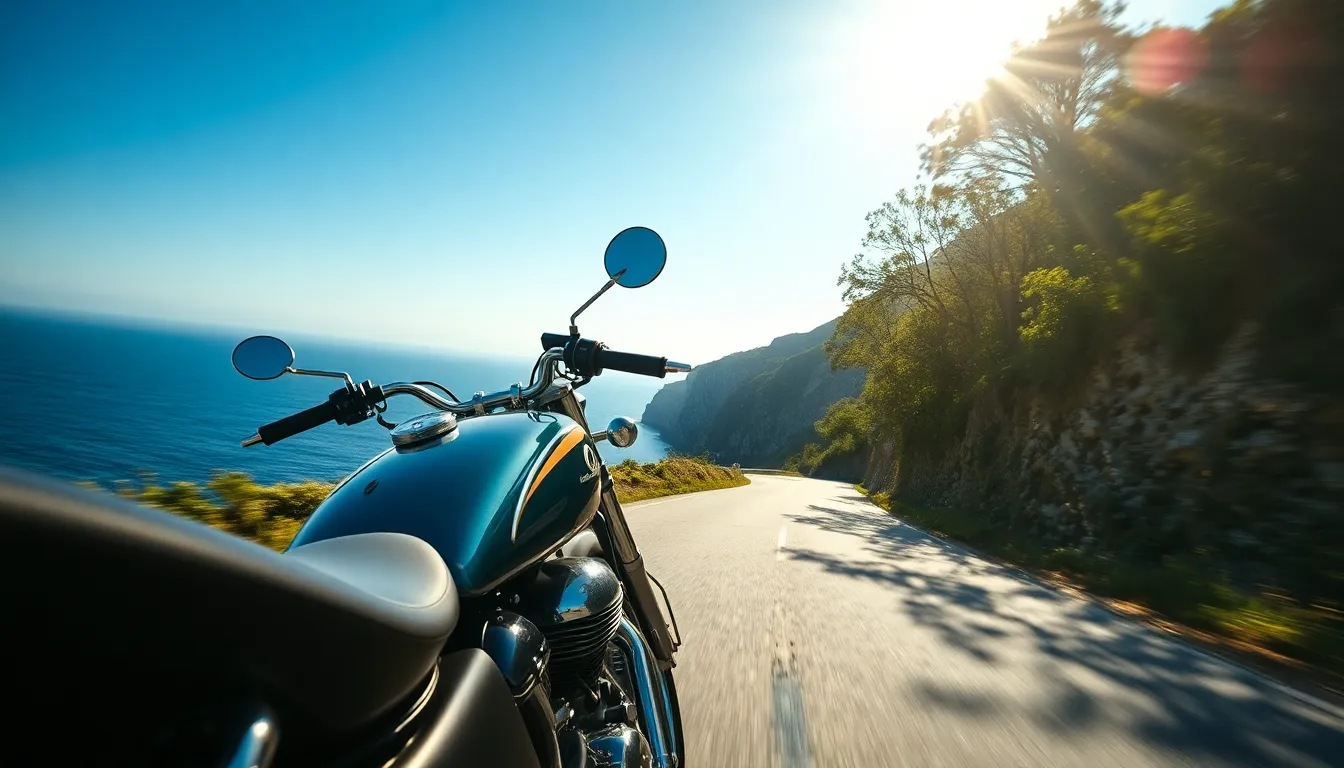 In this photorealistic image, a vintage motorcycle speeds along a scenic coastal road, framed by clear blue skies and breathtaking cliffs. The natural daylight accentuates the chrome details of the bike, creating a vibrant atmosphere filled with the colors of summer. Positioned dynamically on the right, the motorcycle leads the viewer’s gaze toward the horizon, embodying freedom and adventure. The lush greens of the landscape contrast beautifully with the deep blue ocean, making it suitable for transportation and lifestyle themes.