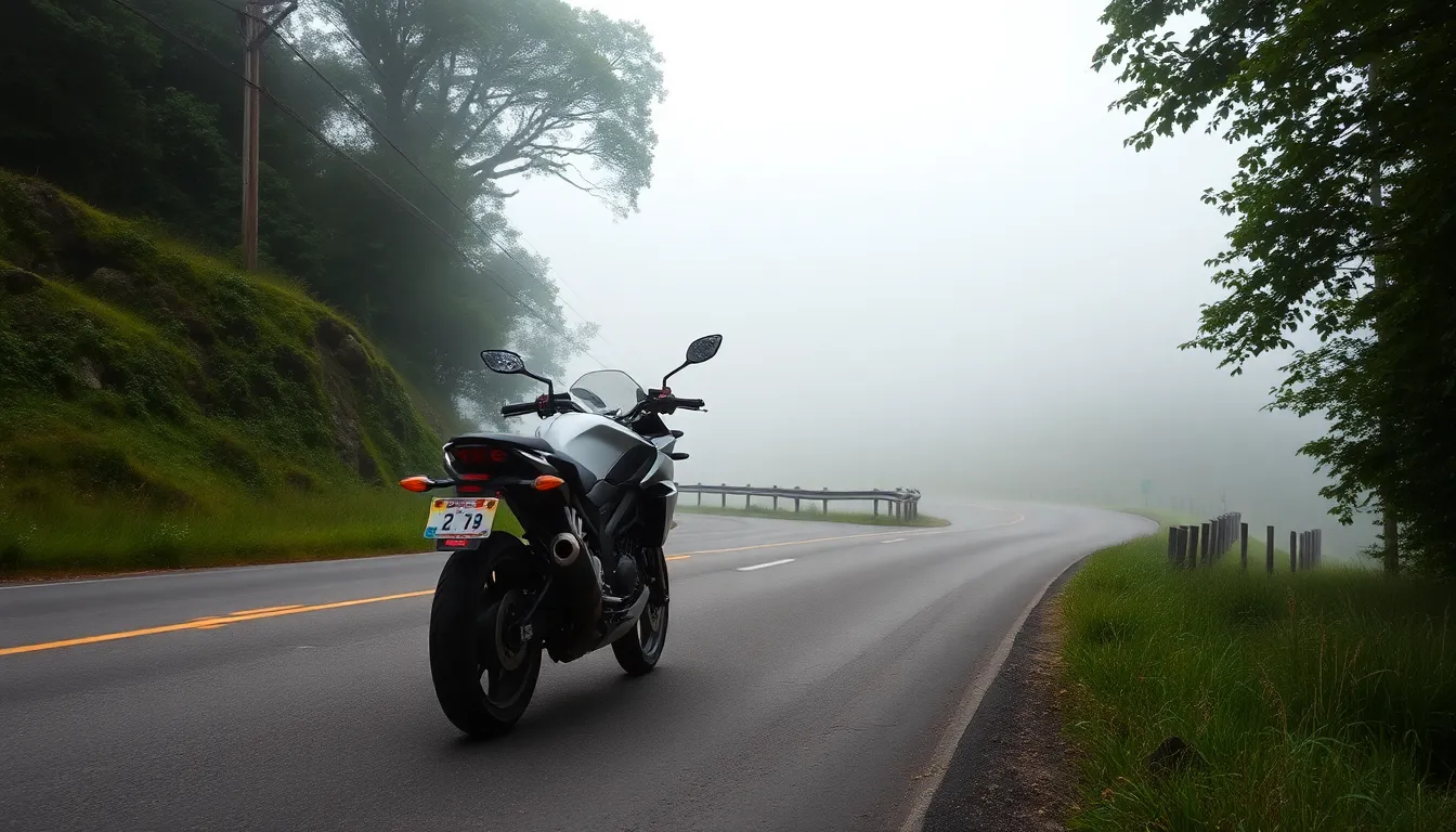 A motorcycle is beautifully positioned on a winding country road, shrouded in a soft mist during an early morning. The atmospheric perspective creates a dreamy ambiance, with the lush greenery and delicate blues of the landscape enhancing the tranquil mood. The image's sharp focus on both the motorcycle and the scenic surroundings invites viewers to explore this serene moment. Leading lines guide the eye naturally towards the bike, evoking a sense of freedom and adventure.