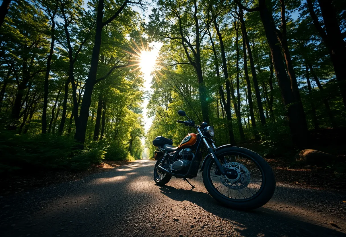A rugged motorcycle lies parked on a gravel path in a lush forest, surrounded by towering trees. The sunlight filters through the leaves, creating a magical dappled effect on the bike and surrounding landscape. The deep colors enhance the rich foliage, while the sharp focus captures every detail. This immersive scene invites adventure and exploration into the natural world.