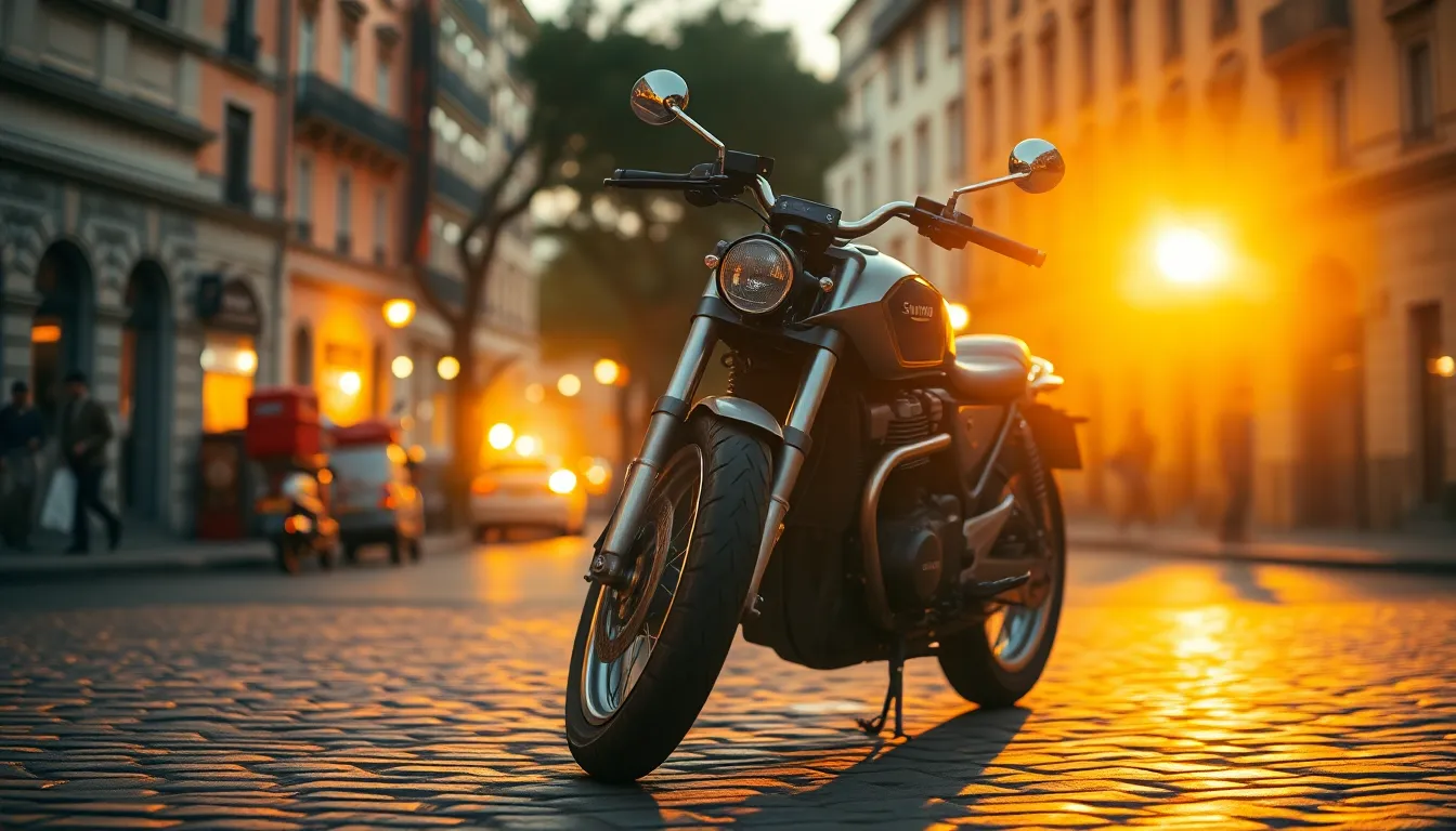 This captivating image features a sleek motorcycle parked on a cobblestone street during the golden hour. Warm sunlight bathes the scene, highlighting the motorcycle's chrome details and casting long shadows. The soft blur of the vibrant city background enhances the nostalgic feel, while the cobblestones add texture with their slight moisture from a recent rain. A perfect blend of urban life and serene moments.