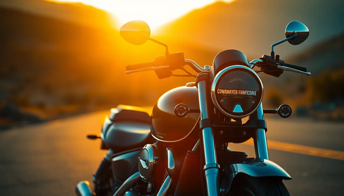 This dynamic image showcases a motorcycle parked on a winding road during golden hour, with stunning mountains in the background. The warm rim light highlights the chrome finish of the bike, creating a captivating contrast against the vibrant sky. The shallow depth of field accentuates the motorcycle, while the soft bokeh of the background enhances the serene atmosphere. The composition utilizes leading lines, drawing the viewer's eye along the road to the bike, creating a sense of adventure.